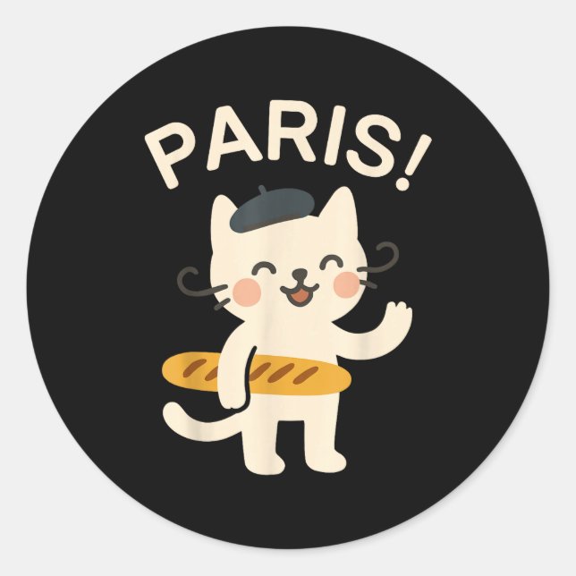 Pegatina Redonda French Cat With Baguette Cute Cat Paris Funny Anim (Anverso)