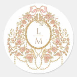 Pegatina Redonda French Rococo Rose Monogram Wedding