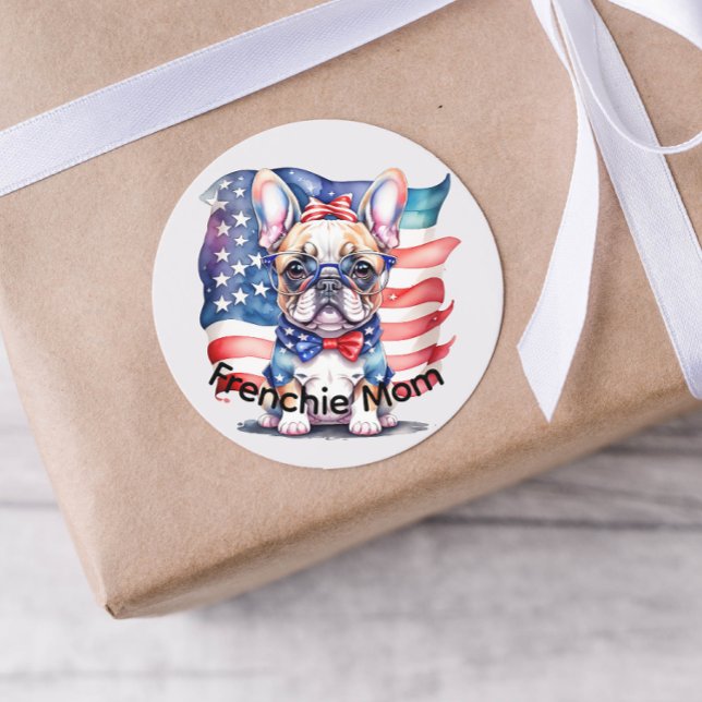 Pegatina Redonda Frenchie Bulldog Mom Patriotic USA Flag  (Subido por el creador)
