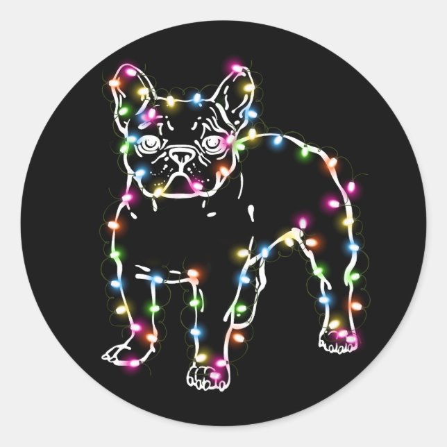 Pegatina Redonda Frenchie con Navidades enciende Feliz Navidad (Anverso)