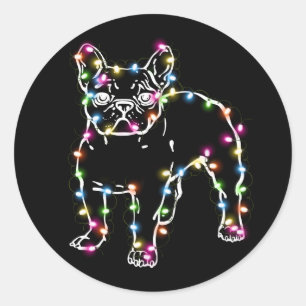 Pegatina Redonda Frenchie con Navidades enciende Feliz Navidad