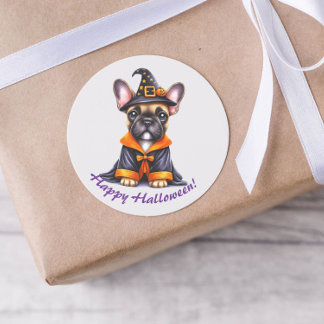 Pegatina Redonda Frenchie Halloween Túnica Púrpura Sombrero de Bruj
