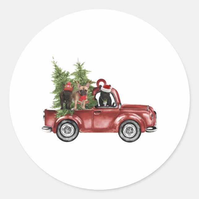Pegatina Redonda Frenchies En Auto Navidades De Perro De Navidad (Anverso)