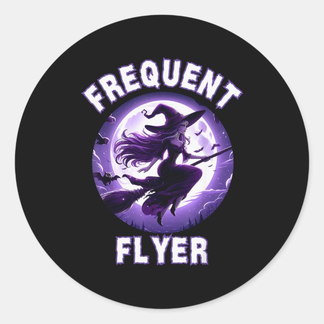 Pegatina Redonda Frequent Flyer Witch, Funny Halloween Witch Costum (Anverso)