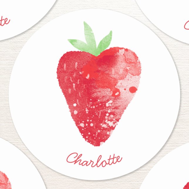 Pegatina Redonda Fresa acuarela personalizada (Sweet watercolor strawberry fruit painting with modern script personalized name on a round sticker)
