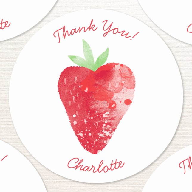 Pegatina Redonda Fresa Acuarela Personalizada Gracias (Fresh watercolor strawberry art personalized custom text thank you sticker)