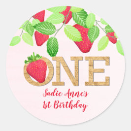 Pegatina Redonda Fresa Chica de cumpleaños 1 Rojo Rústico