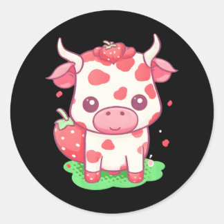 Pegatina Redonda Fresa de vaca Cute Kawaii Pastel rosa Fresa