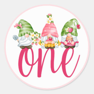 Pegatina Redonda Fresa Gnome Garden Baby Girl Primer cumpleaños C