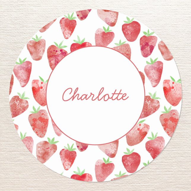 Pegatina Redonda Fresa personalizada (Strawberry watercolor pattern personalized custom name script font sticker)