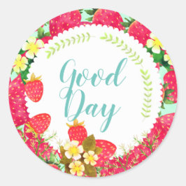 Pegatina Redonda Fresa. Personalizado. Blanca.