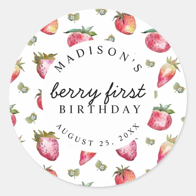 Pegatina Redonda Fresa primer cumpleaños Fiesta Berry primer dulce (Anverso)
