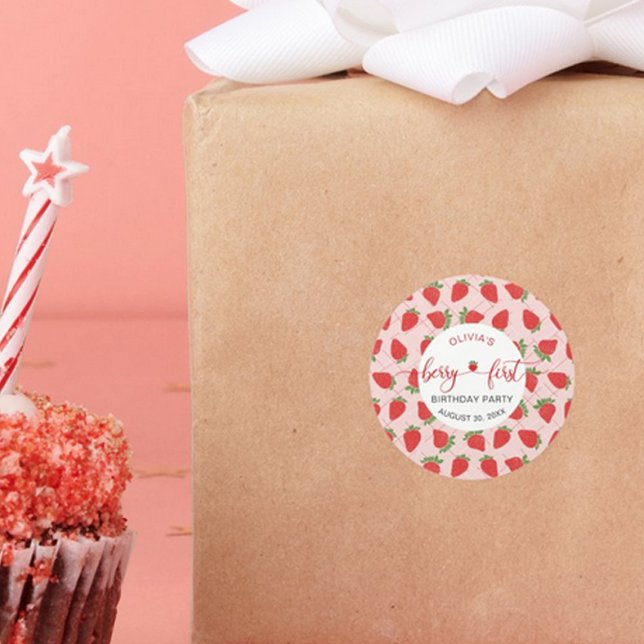 Pegatina Redonda Fresa primer cumpleaños Fiesta Berry primero (Strawberry 1st Birthday Party Berry First Classic Round Sticker)