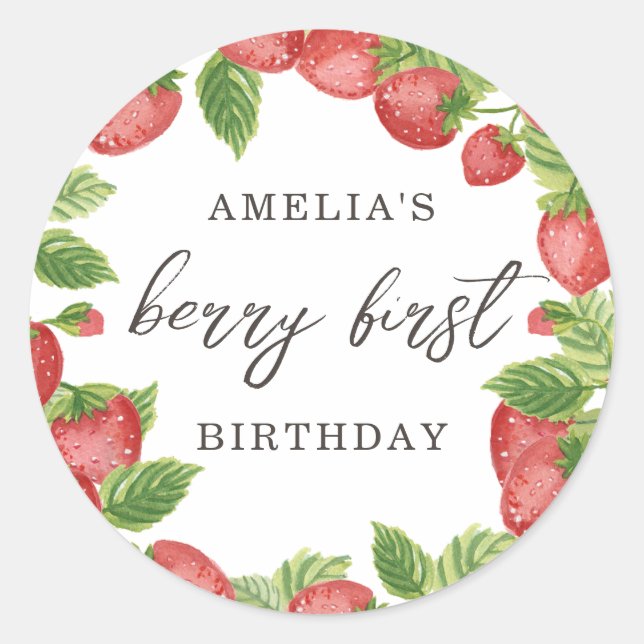 Pegatina Redonda Fresa Primer Cumpleaños Primer Berry Sweet Favor (Anverso)