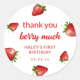 Pegatina Redonda Fresa Rosa Cute Berry Primer Primer Bebé Cumpleaño