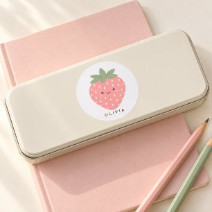 Pegatina Redonda Fresa Rosa Linda con Sonrisa Personalizada