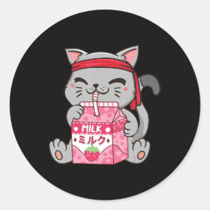 Pegatina Redonda Fresa Sacudir Gato De Fresa Kawaii Neko A