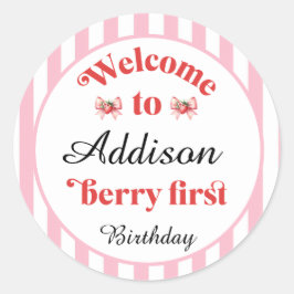 Pegatina Redonda Fresa y arcoiris Primer cumpleaños