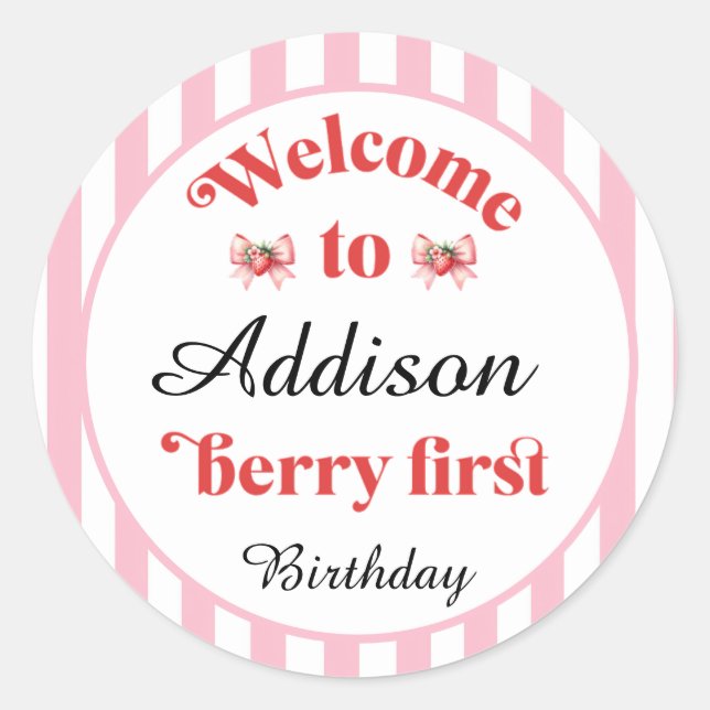 Pegatina Redonda Fresa y arcoiris Primer cumpleaños (Anverso)