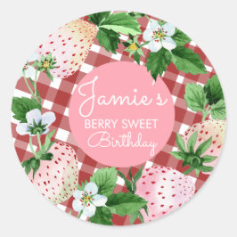 Pegatina Redonda Fresas acuarela Cumpleaños Plaid B