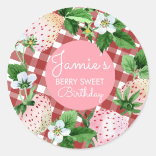 Pegatina Redonda Fresas acuarela Cumpleaños Plaid B