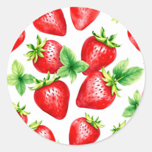 Pegatina Redonda Fresas brillantes en color de agua en blanco