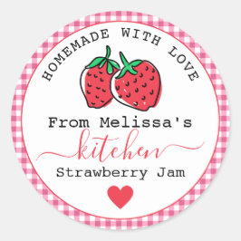 Pegatina Redonda Fresas caseras Jam Rustic Pink Gingham