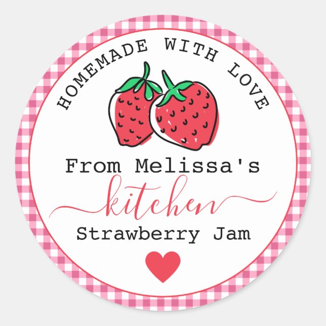 Pegatina Redonda Fresas caseras Jam Rustic Pink Gingham (Anverso)