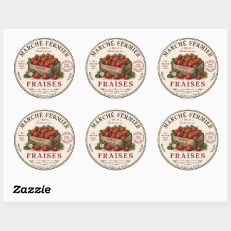 Pegatina Redonda Fresas de Mercadillo Francés Vintage