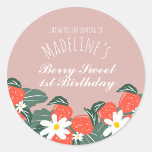 Pegatina Redonda Fresas Dibujo Botánico Hecho a Mano Cumpleaños 
