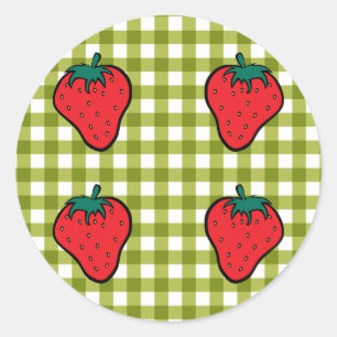Pegatina Redonda Fresas en Green Gingham
