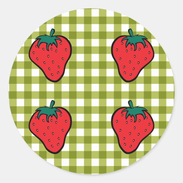 Pegatina Redonda Fresas en Green Gingham (Anverso)