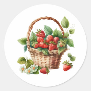 Pegatina Redonda Fresas frescas en una canasta de mimbre