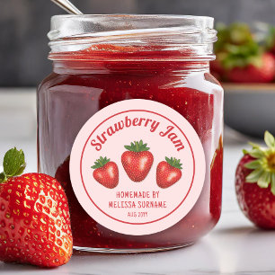 Pegatina Redonda Fresas Rojas En Mermelada Casera De Fresa Rosa