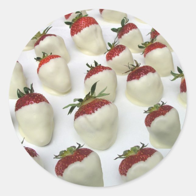 Pegatina Redonda Fresas sumergidas en el chocolate blanco (Anverso)