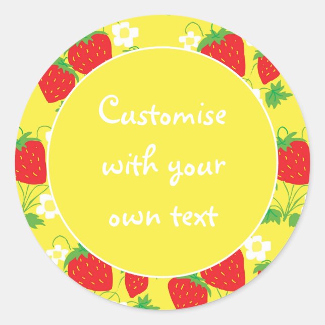 Pegatina Redonda Fresas y flores Amarillo Texto personalizado (Anverso)