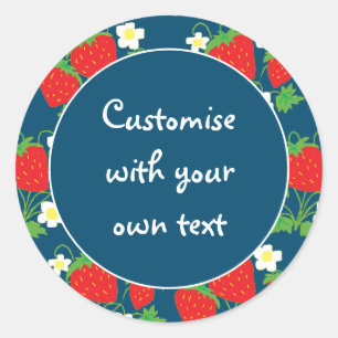 Pegatina Redonda Fresas y Flores Azules Texto Personalizado