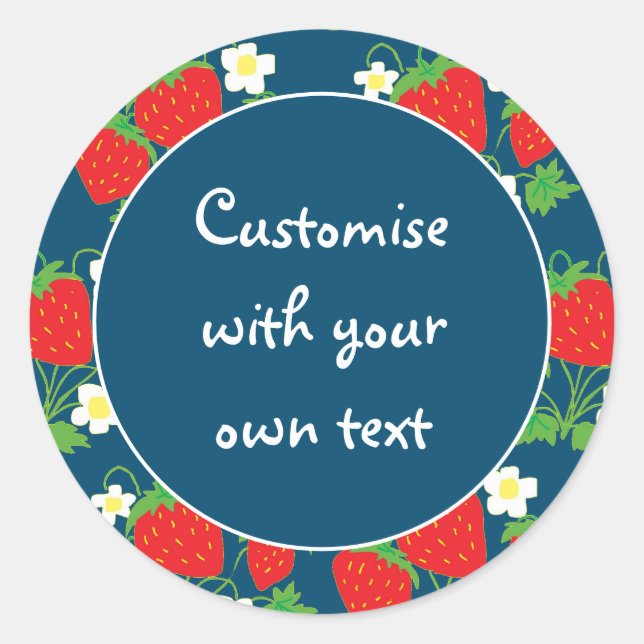 Pegatina Redonda Fresas y Flores Azules Texto Personalizado (Anverso)
