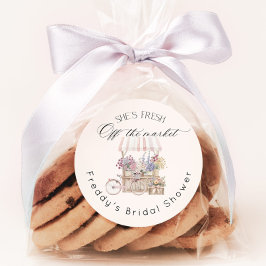 Pegatina Redonda Fresco Acabado de Llegar al Mercado Carrito de Flo