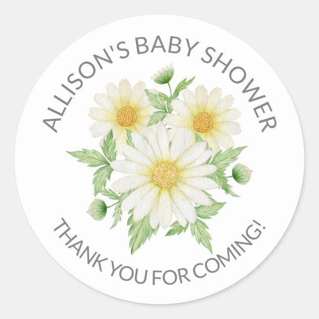 Pegatina Redonda Fresco Daisy Floral Baby Shower Gracias Ducha (Anverso)