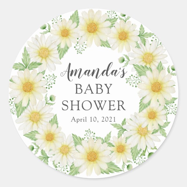Pegatina Redonda Fresco Daisy Floral Baby Shower Gracias Ducha (Anverso)