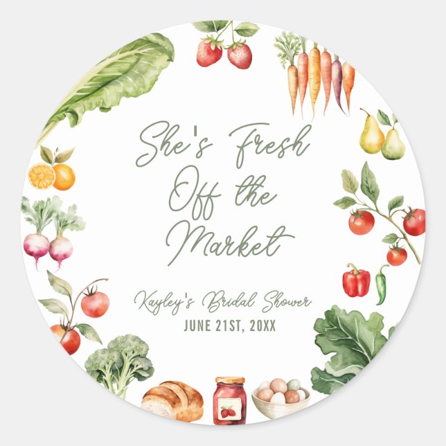 Pegatina Redonda Fresco de la ducha de novias en el mercado de los  (Fresh off the market! These rustic farmer’s market bridal shower stickers are perfect for favor bags)