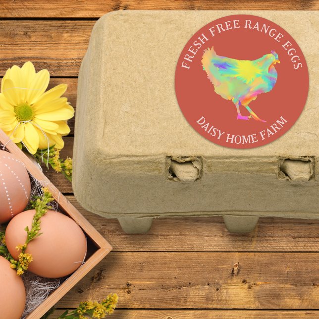 Pegatina Redonda Fresco Huevos Acuarela Chicken Business Personaliz (Fresh free range chicken egg box stickers with business name cute colorful hen orange)