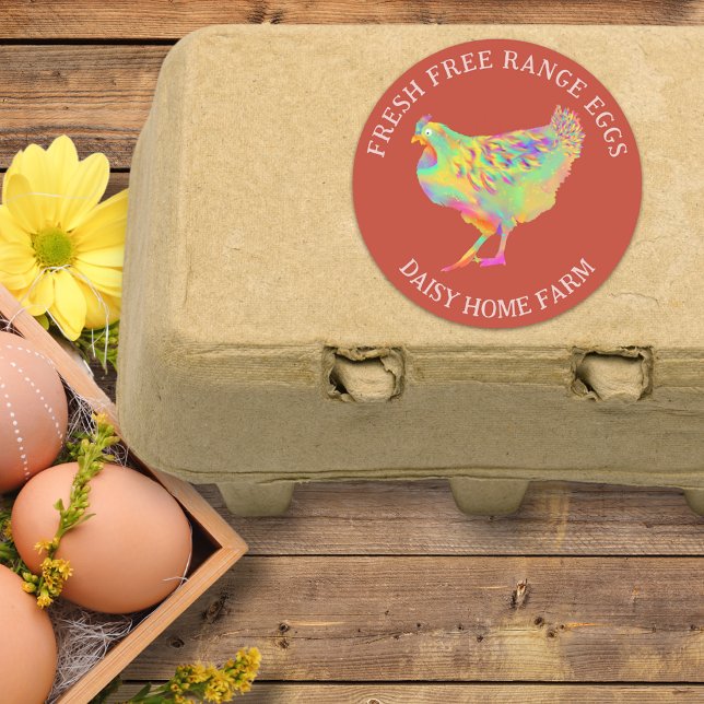 Pegatina Redonda Fresco Huevos Acuarela Pollo Negocios (Fresh free range chicken egg box stickers with business name and cute colorful hen illustration )