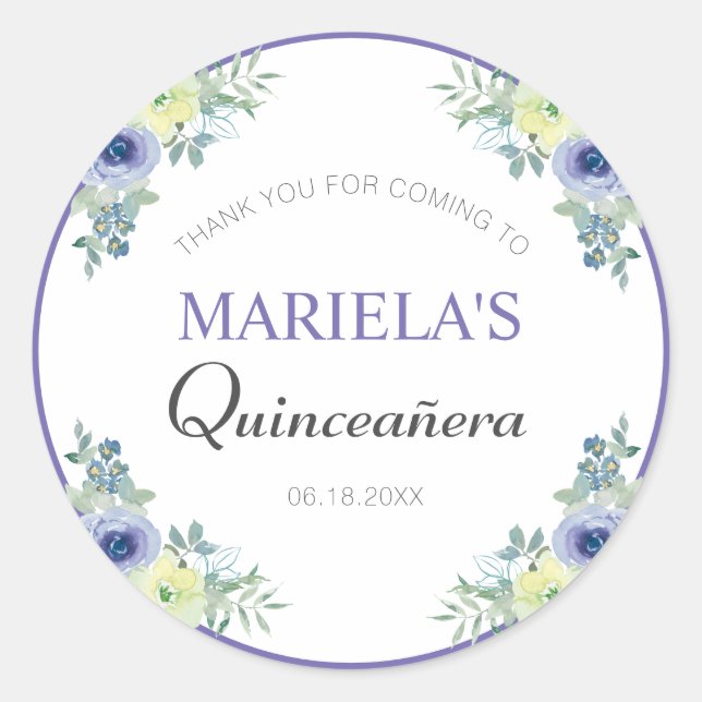 Pegatina Redonda Fresco Morado Floral Quinceañera Cumpleaños Gracia (Anverso)