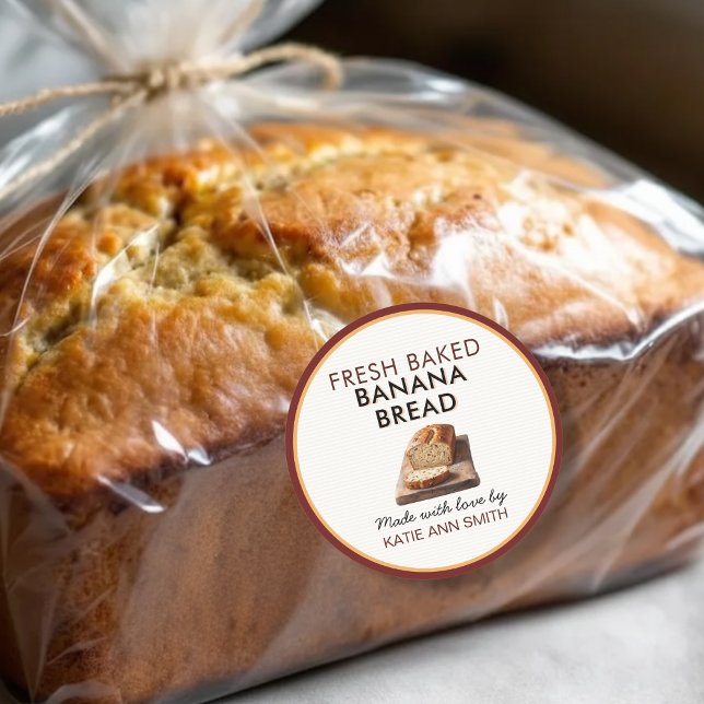 Pegatina Redonda Fresh Baked Banana Bread Label | Bakery Sticker (Homemade banana bread sticker label for home bakery goods)