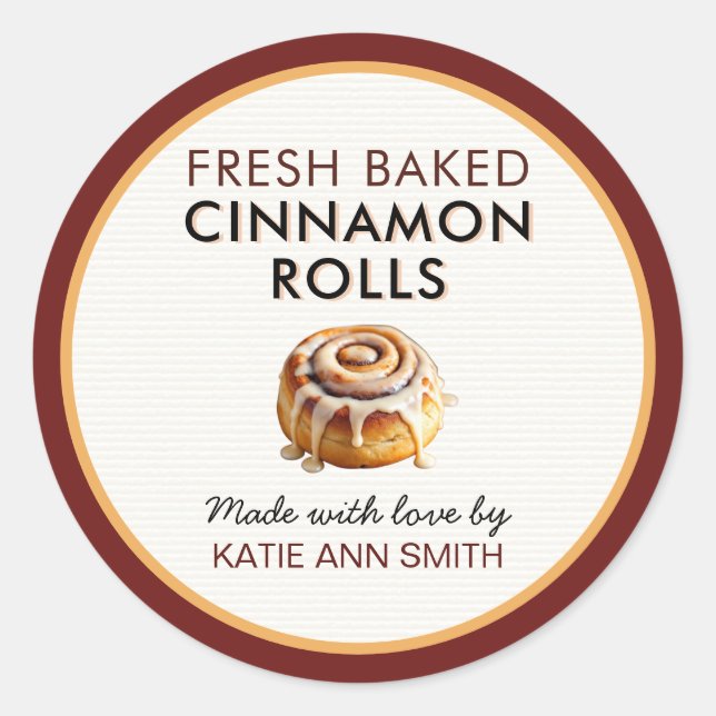 Pegatina Redonda Fresh Baked Cinnamon Roll Labels | Bakery Sticker (Anverso)