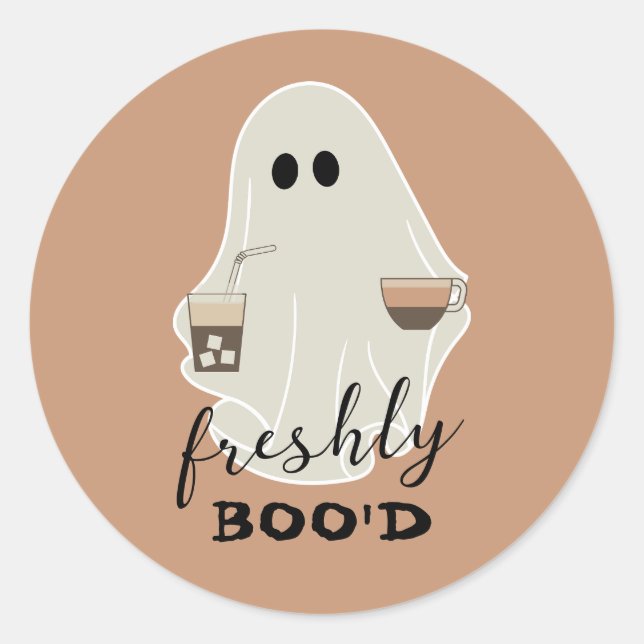 Pegatina Redonda Freshly Boo'd | Halloween Cute Ghost Brown (Anverso)