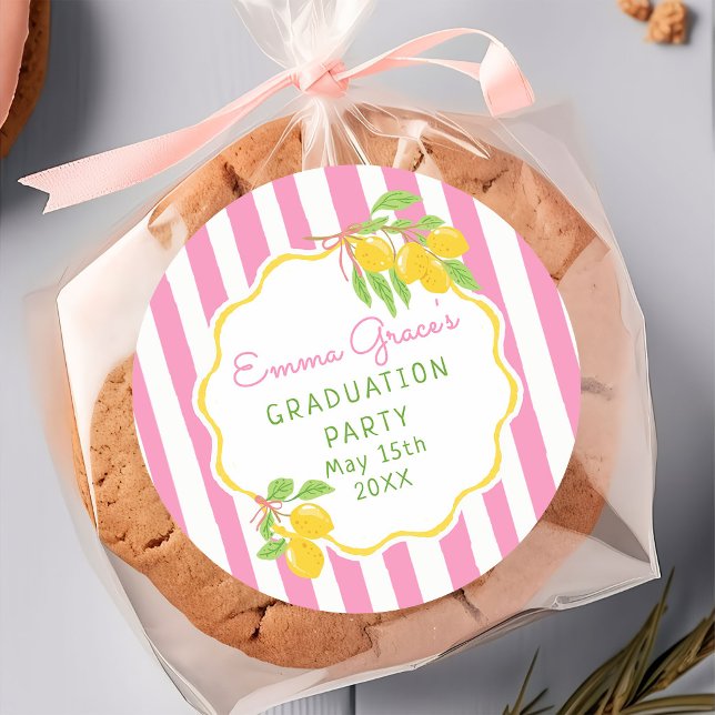Pegatina Redonda Freshly Graduated Lemon Pink Stripes Graduation (Subido por el creador)