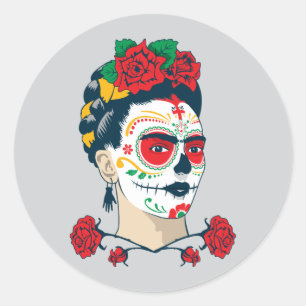 Pegatina Redonda Frida Kahlo el   El Día de los Muertos